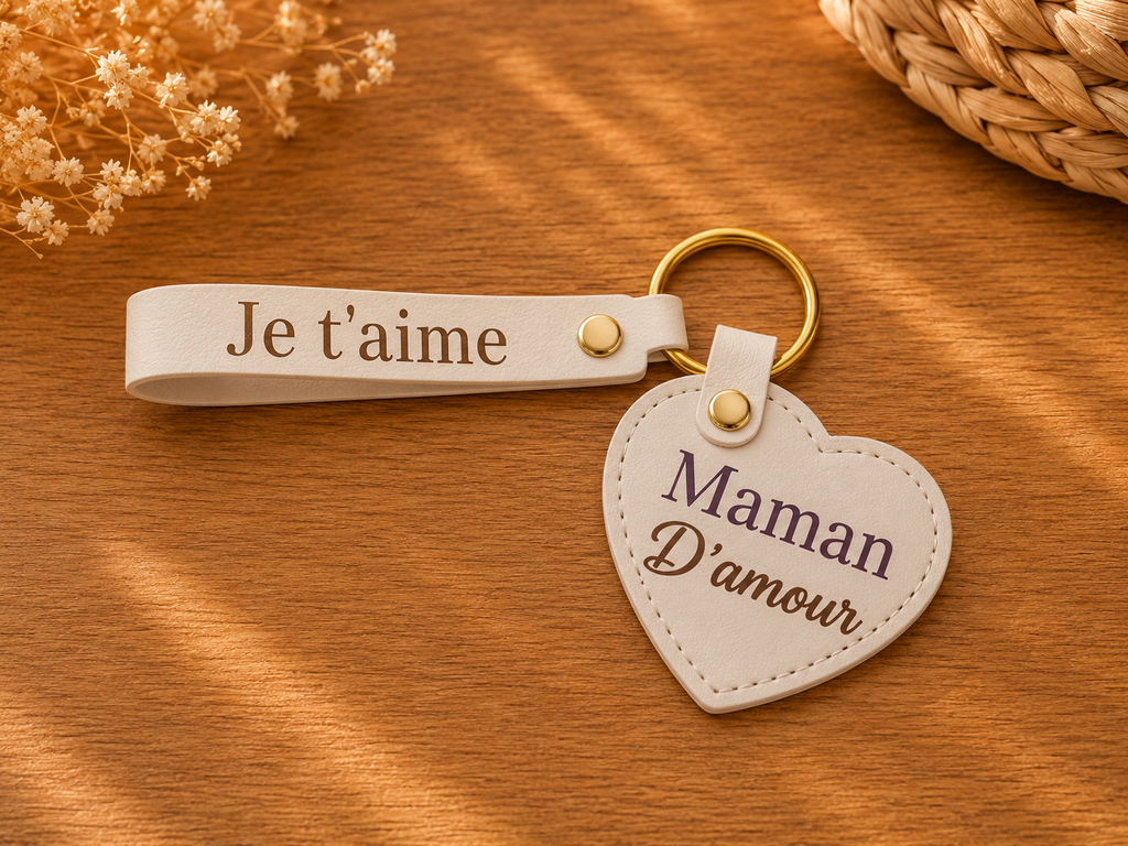 Porte-clefs cœur simili cuir – Maman d'amour je t'aime