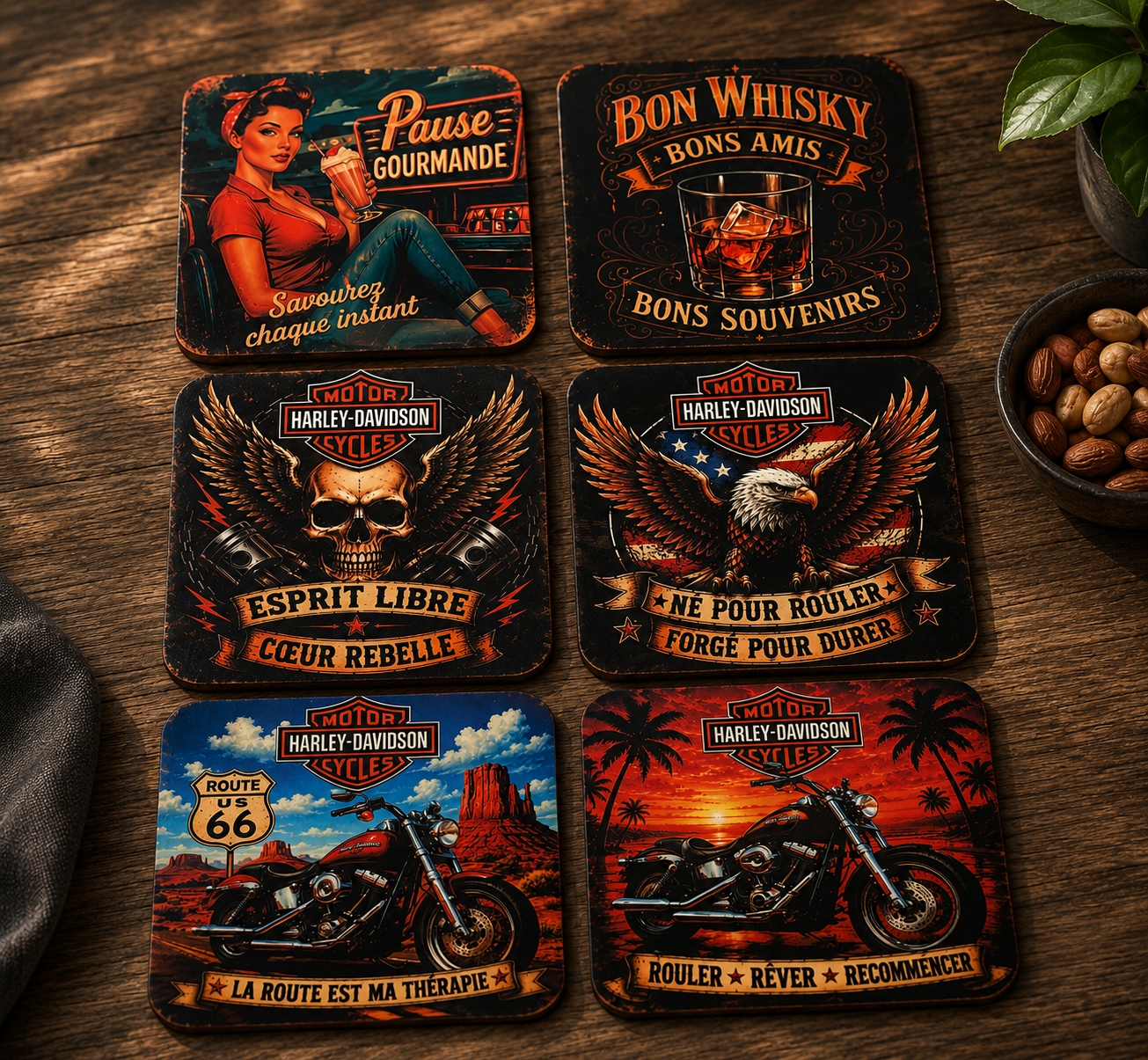 Set de 6 dessous de verre – Harley Davidson & Rétro Vintage Américain