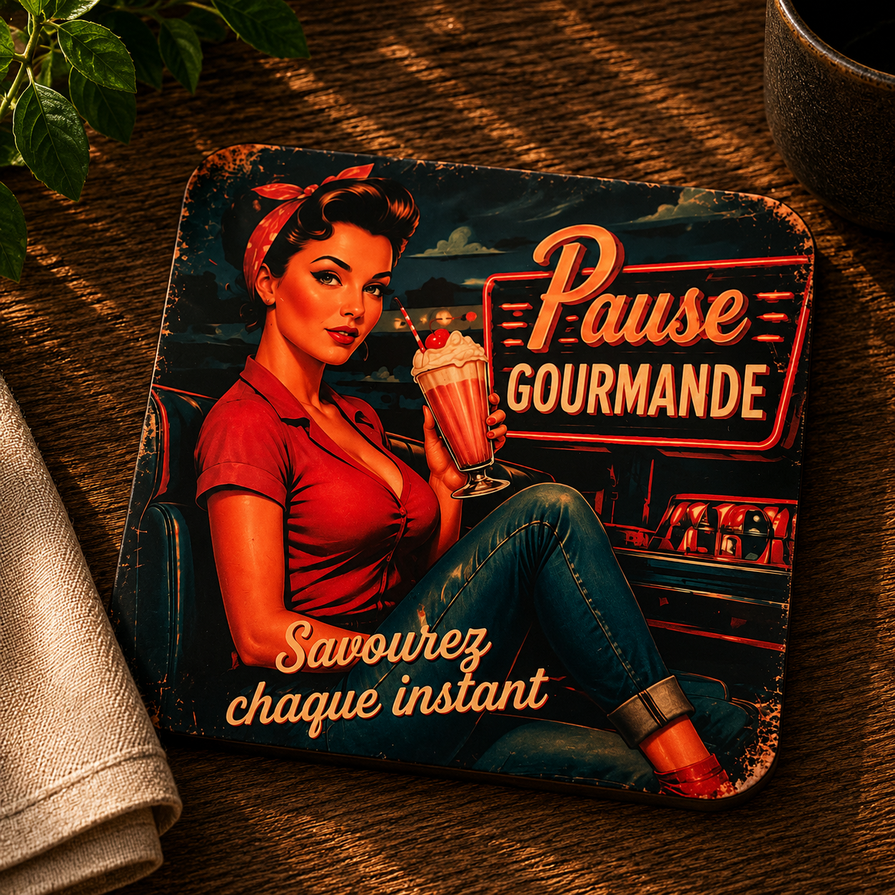Dessous de Verre en Liège – "Pause Gourmande" Vintage Rétro