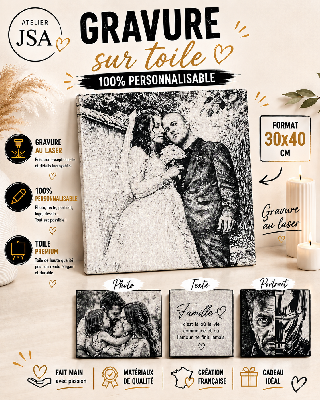 Toile Personnalisée 30x40 cm - 100% Personnalisable (Gravure Laser)