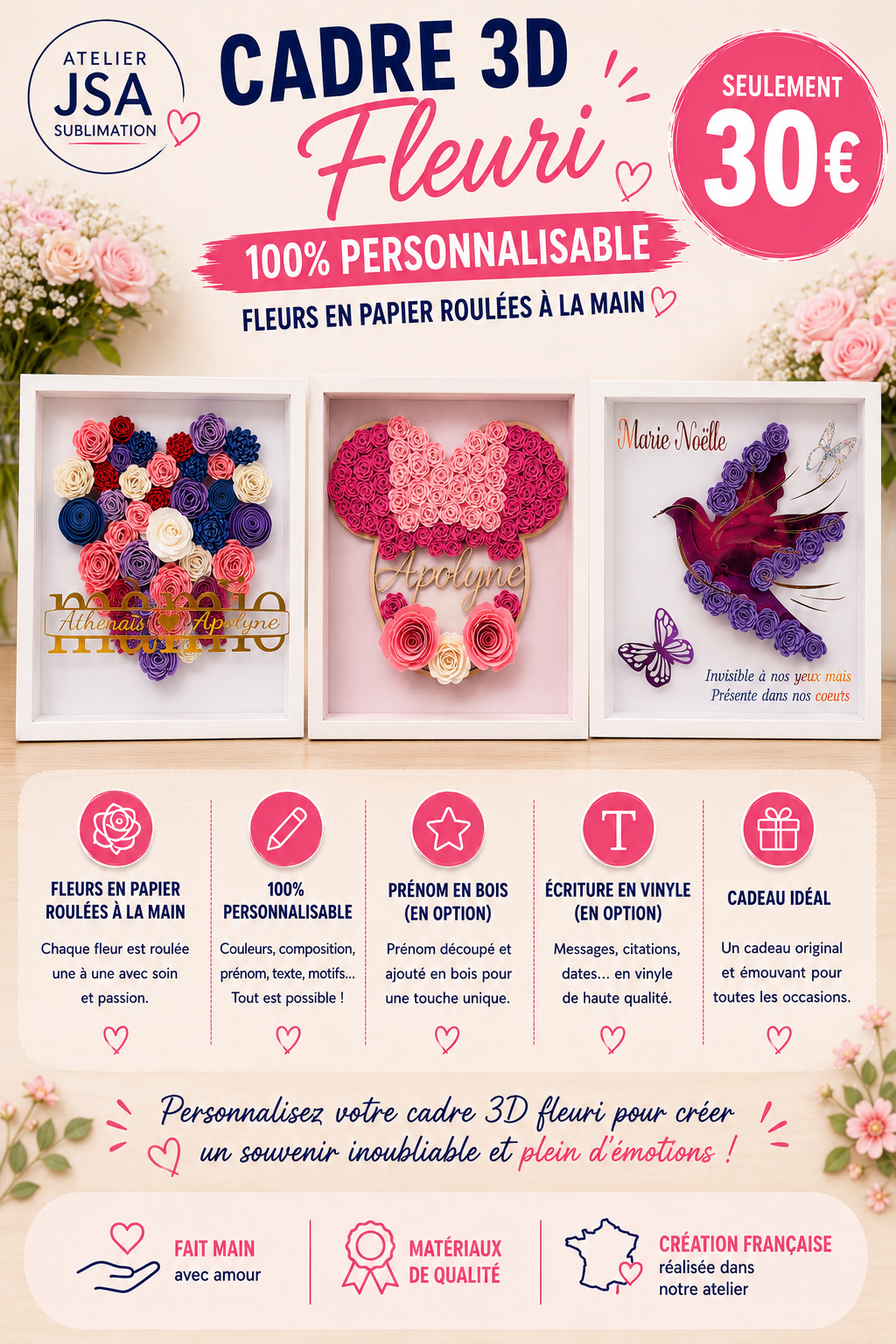 Cadre 3D fleuri fait main — 100% personnalisable